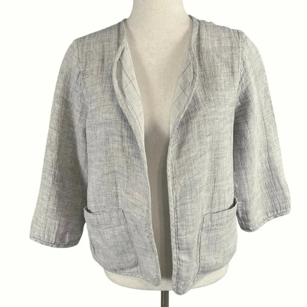 Eileen Fisher Open Front Gray 3/4 Sleeve Linen Cotton Jacket Size Petite Small